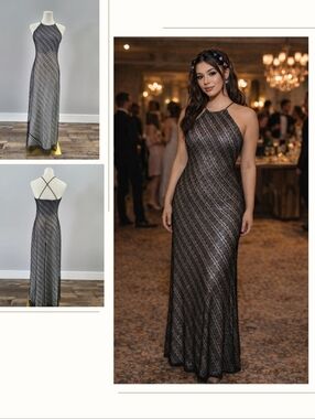 Vintage De Laru Sheila Yen Black Lace Silver Slip Dress Maxi 5/6